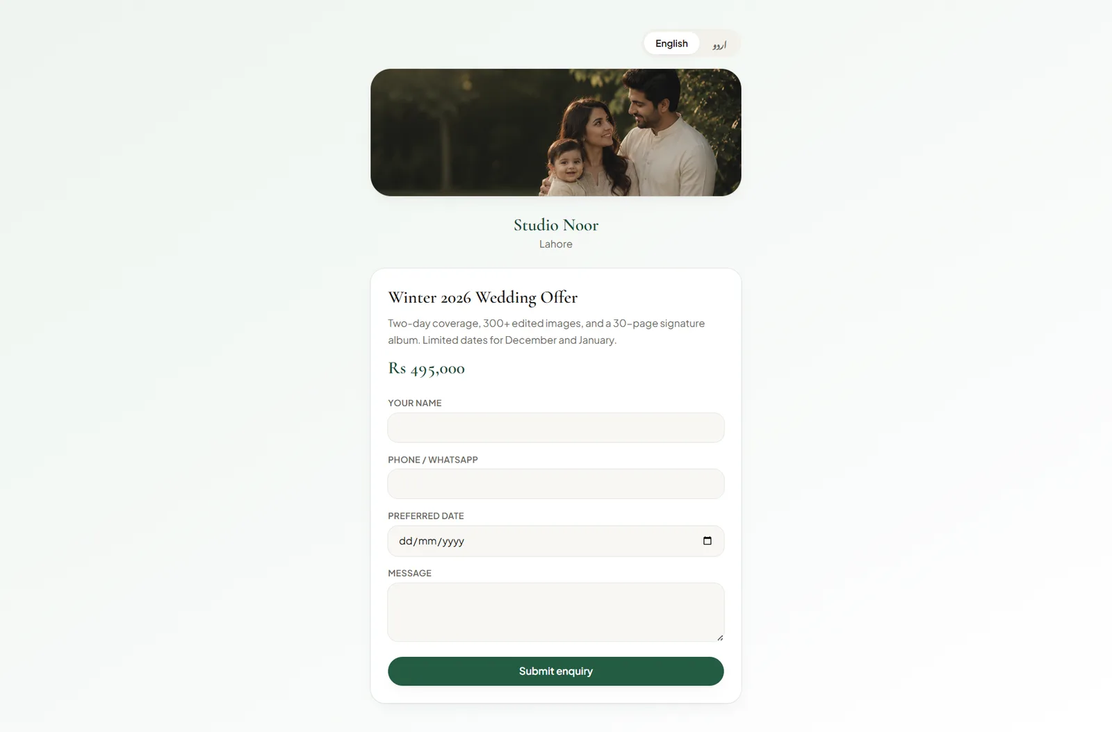 Aks public booking page for a studio's wedding offer, with English and Urdu toggle