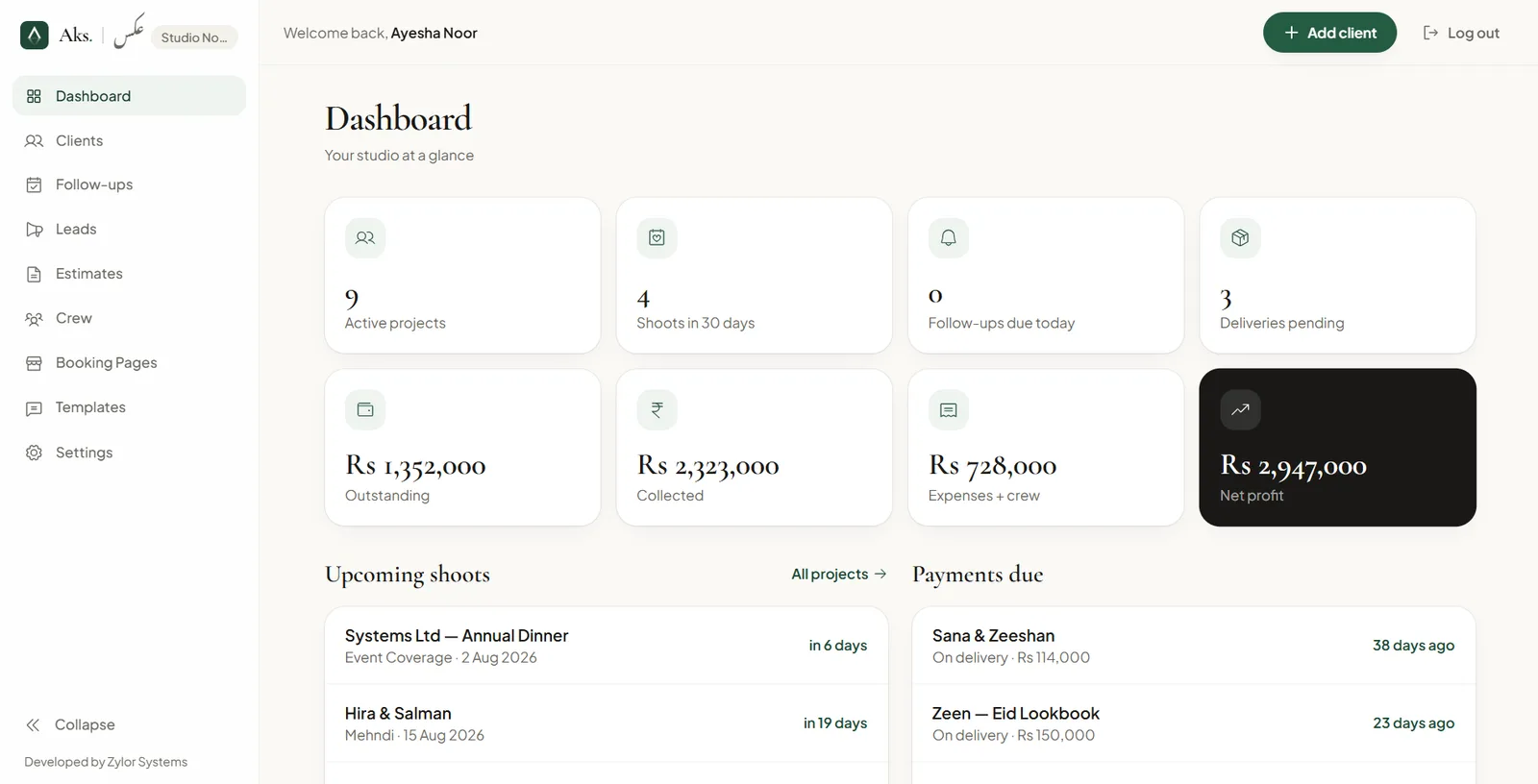 Aks studio dashboard with active projects, payments and net profit