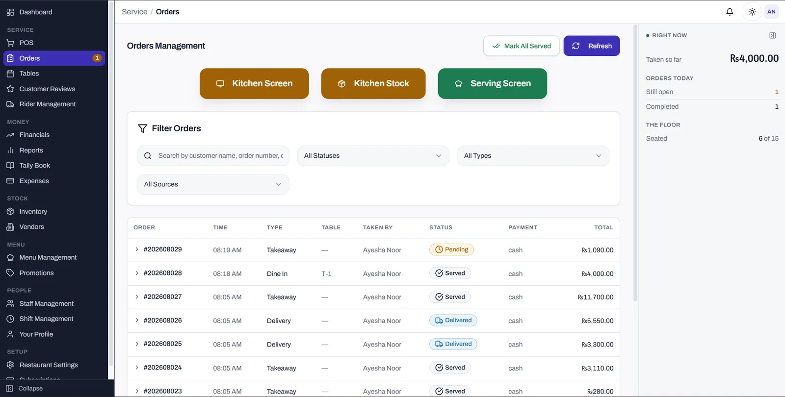 CounterFlow orders management screen with kitchen and serving screen shortcuts and an order table