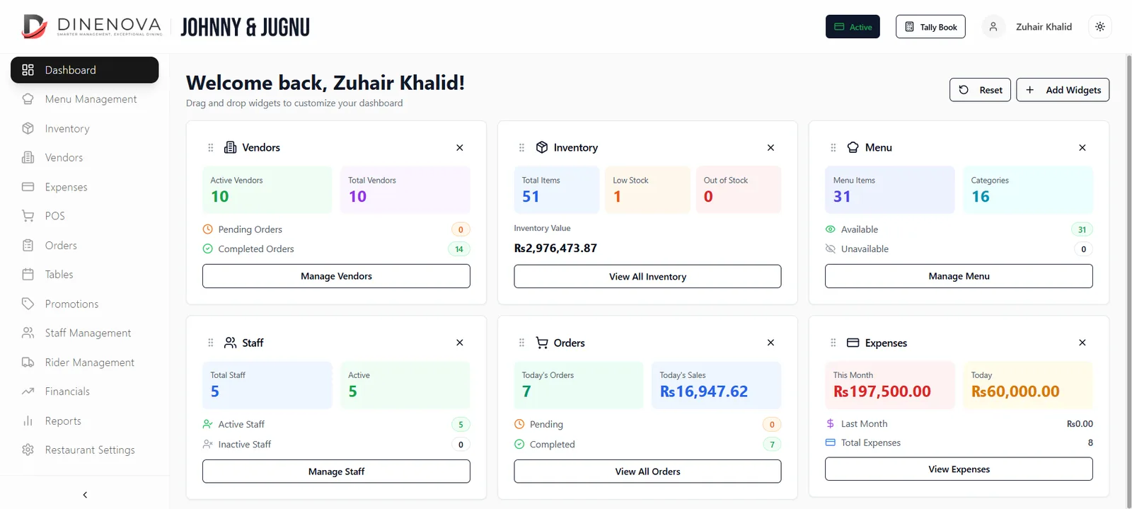 DineNova live admin dashboard with vendors, inventory, menu, staff, orders and expenses widgets