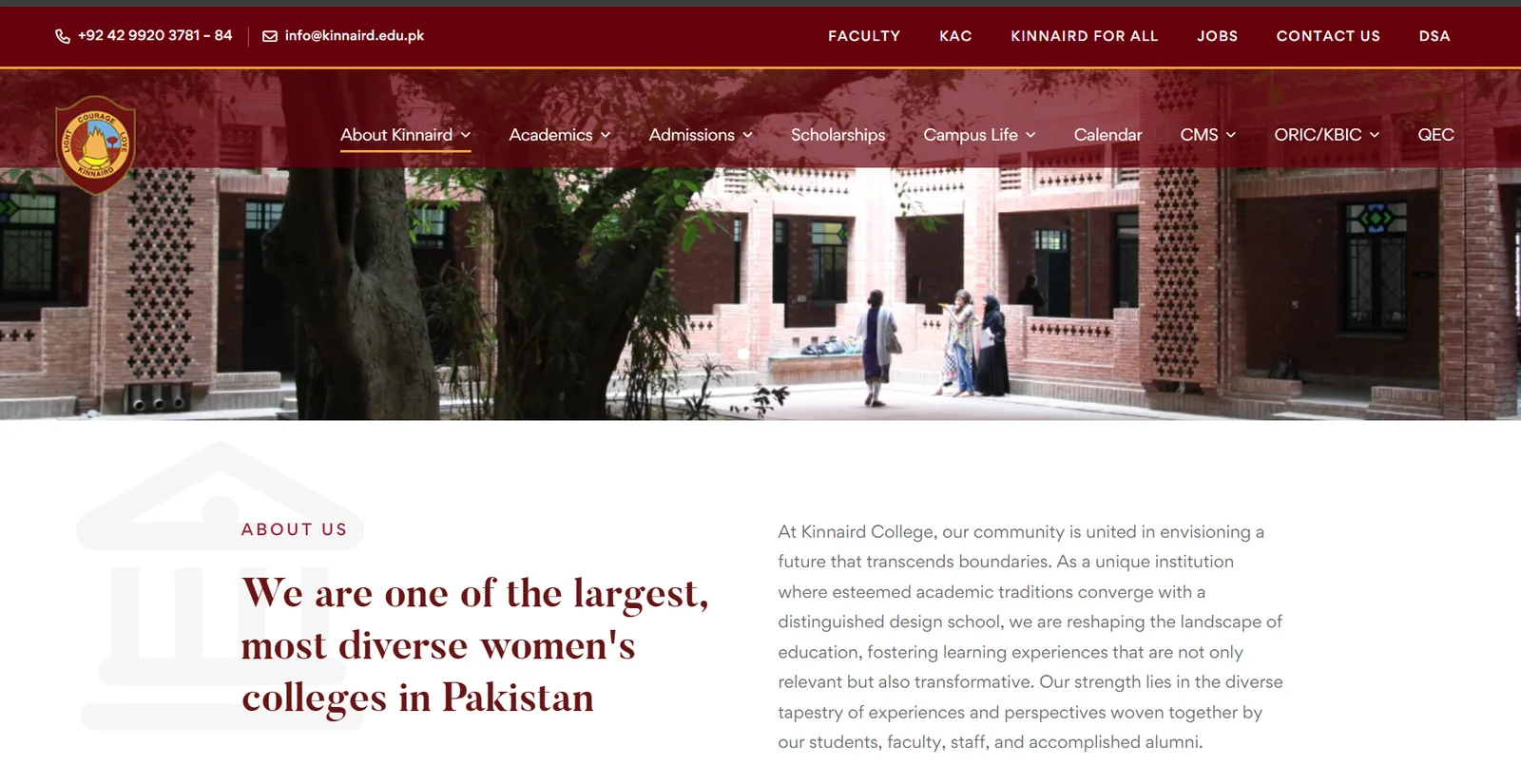 Kinnaird About Us page — one of the largest women's colleges in Pakistan
