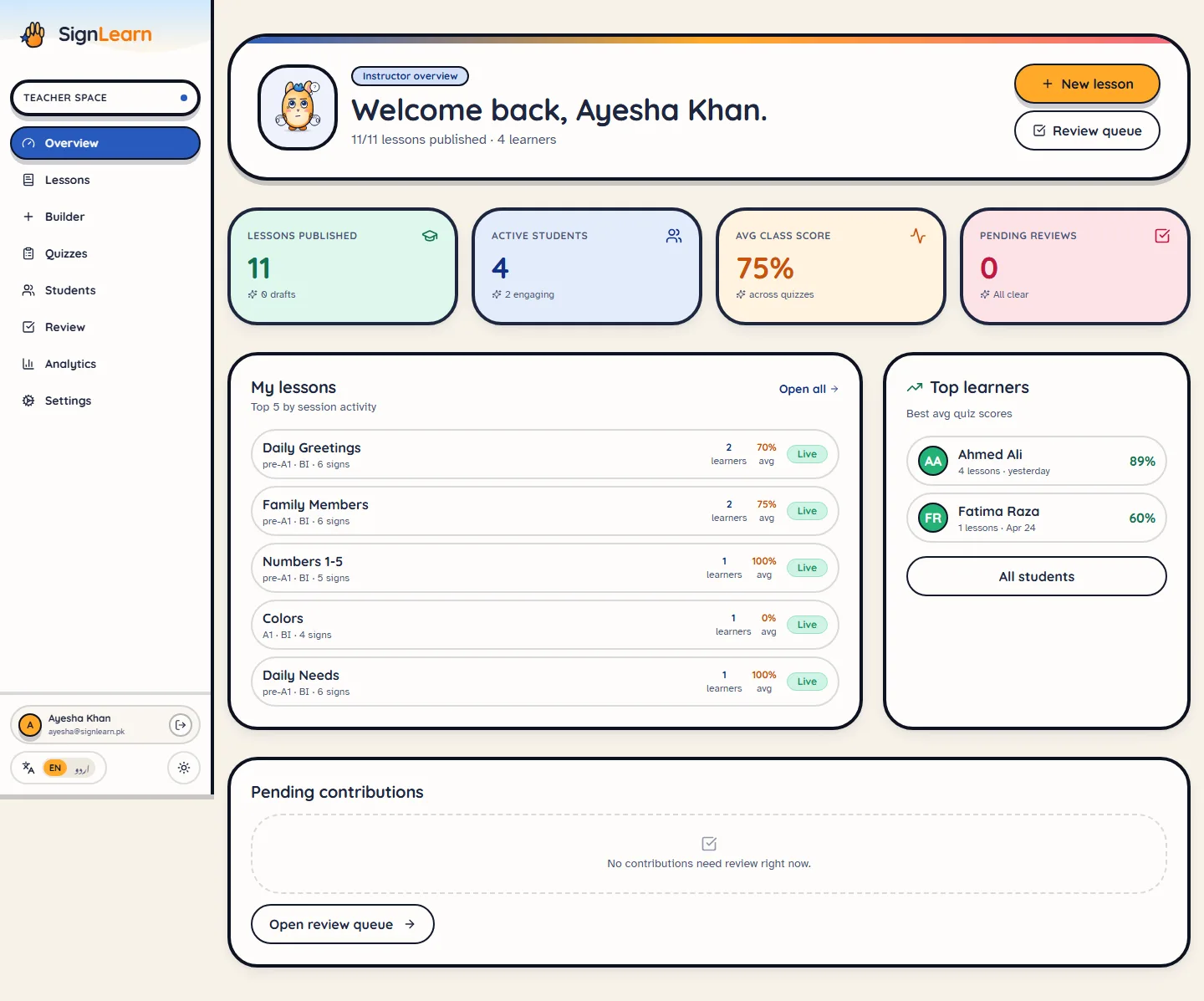 SignLearn instructor dashboard with lessons, learners and review queue