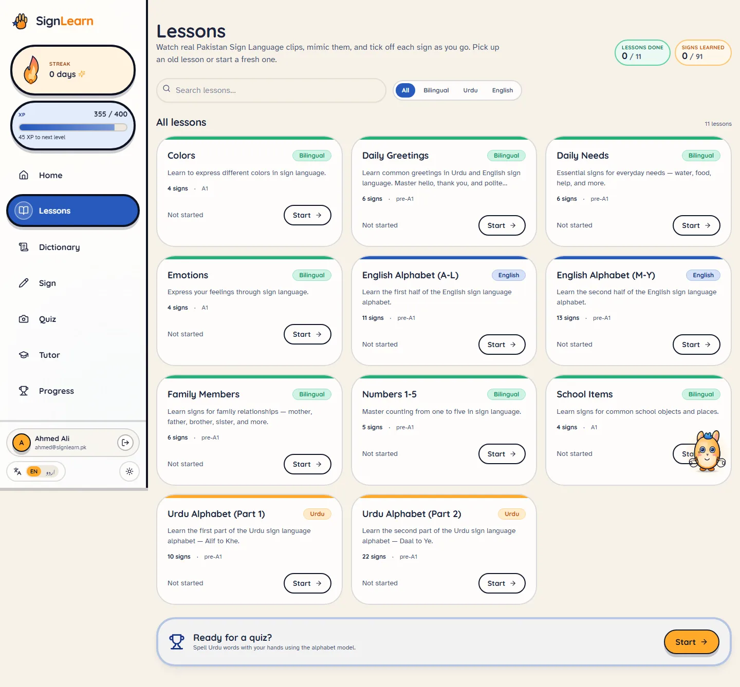 SignLearn lessons library with bilingual PSL lessons