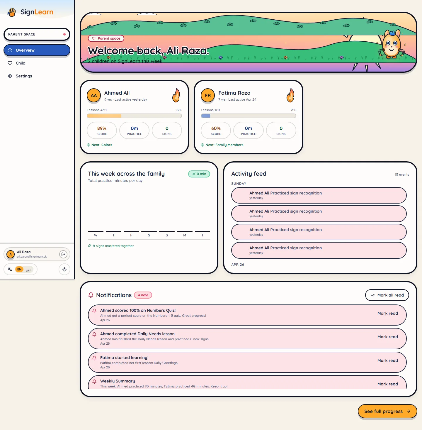 SignLearn parent portal with children's progress and activity feed